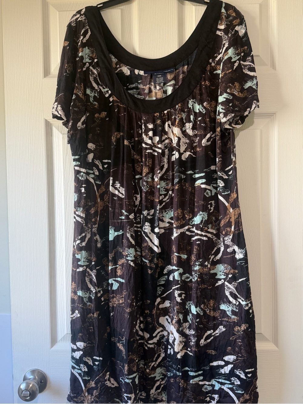 Abstract Print Scoop Neck dress - Black with Mint & Brown Accents